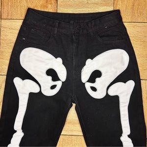 White Leather Patched Skeleton Legs on Black Jeans